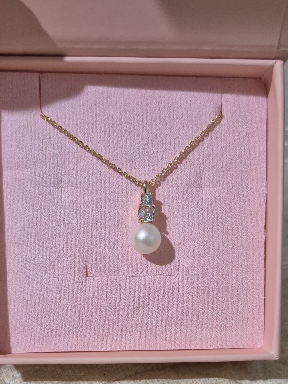 Gold Pearl Pendant Necklace with CZ Accents - White Pearl